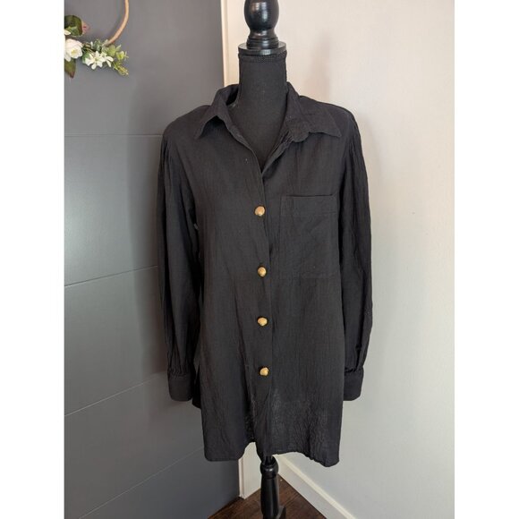 Vintage Laura Kidd Studios Black Gauzy Button-Up Tunic w/ Gold Shell Buttons: XL - Picture 2 of 12